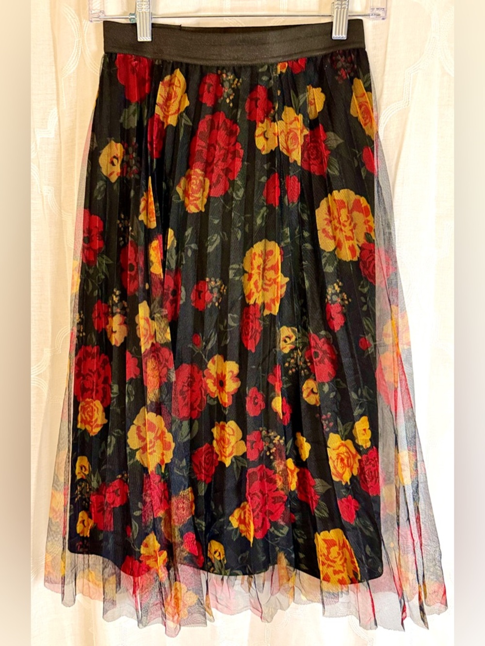 Love + Joy Black Floral Tulle Midi Skirt | Romantic Mesh Overlay | Small